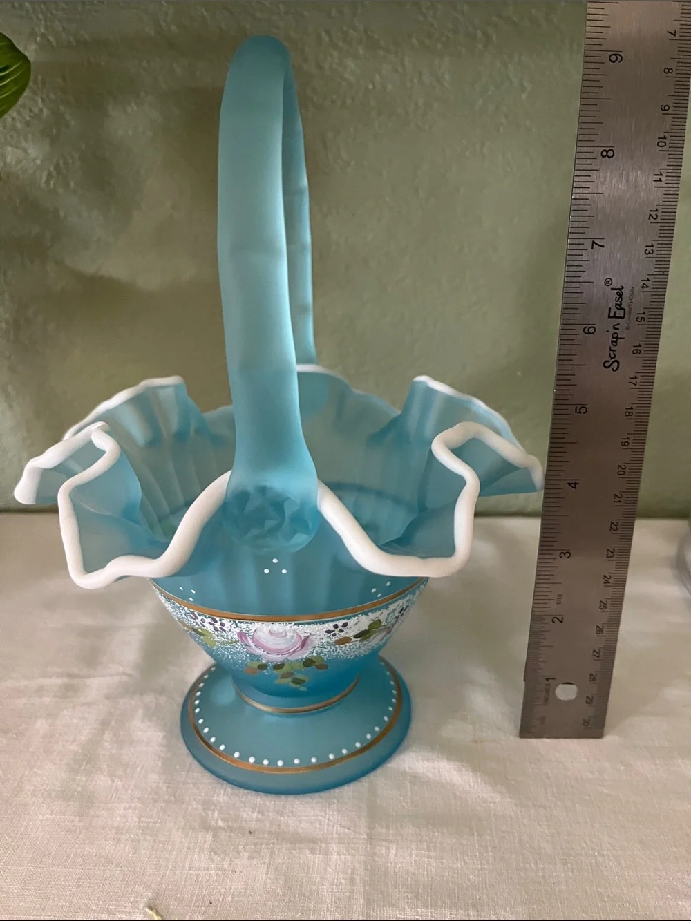 Fenton Charleton Collection 2002 Blue Satin Floral Basket Bill Fenton Signed